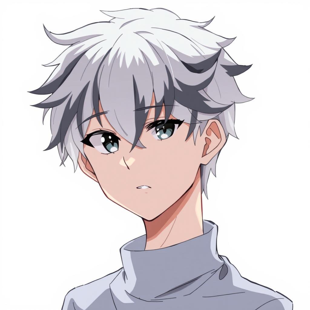 A detailed illustration of an anime boy with white hair and black streaks