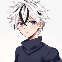 A detailed illustration of an anime boy with white hair and black streaks