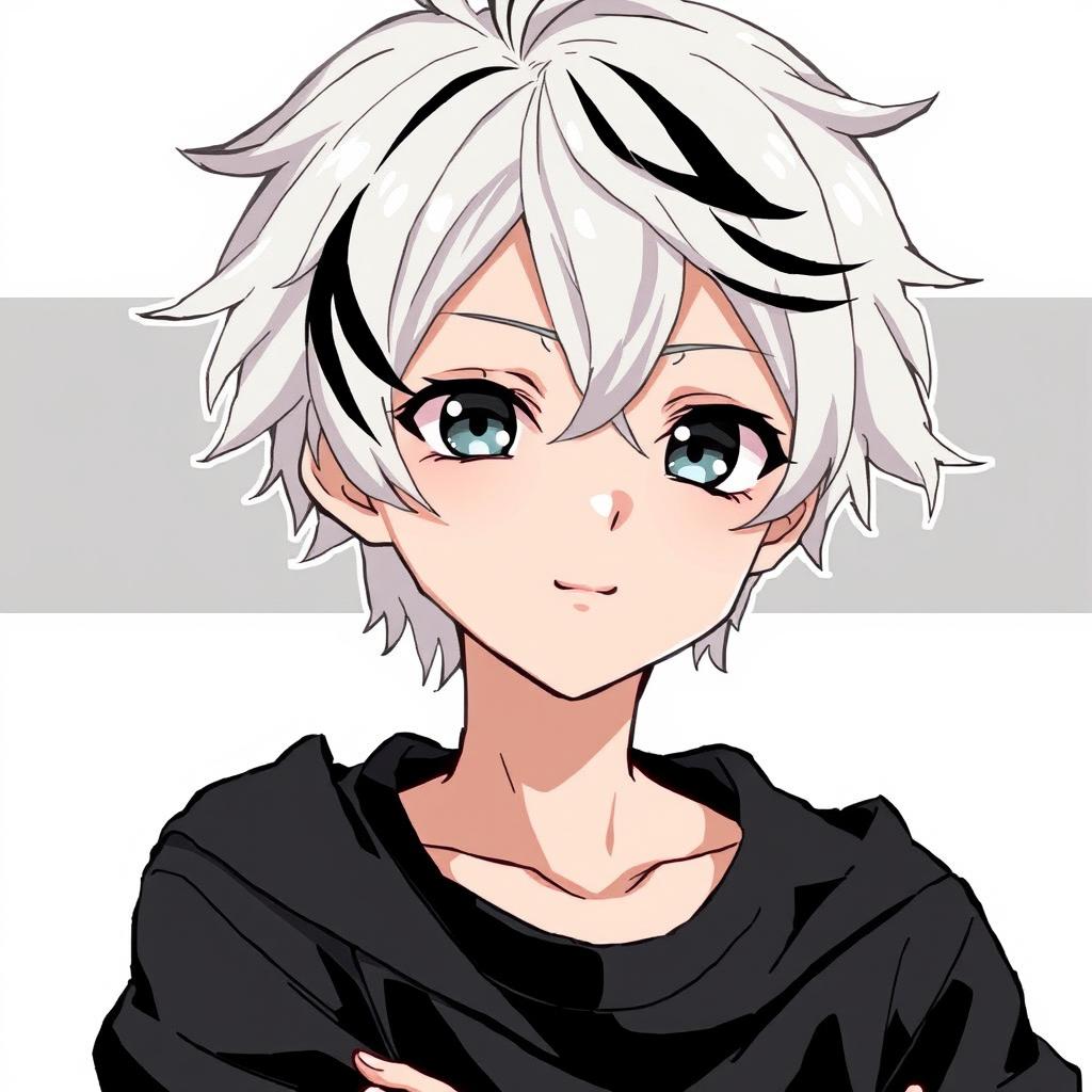 A detailed illustration of an anime boy with white hair and black streaks