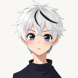 A detailed illustration of an anime boy with white hair and black streaks