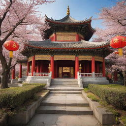 A majestic Chinese temple adorned with intricate gold carvings and vibrant red lanterns, tucked within a serene, blossoming cherry blossom garden.