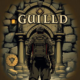 An old fantasy poster cover featuring an adventurer standing in front of the guild