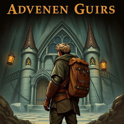 An old fantasy poster cover featuring an adventurer standing in front of the guild