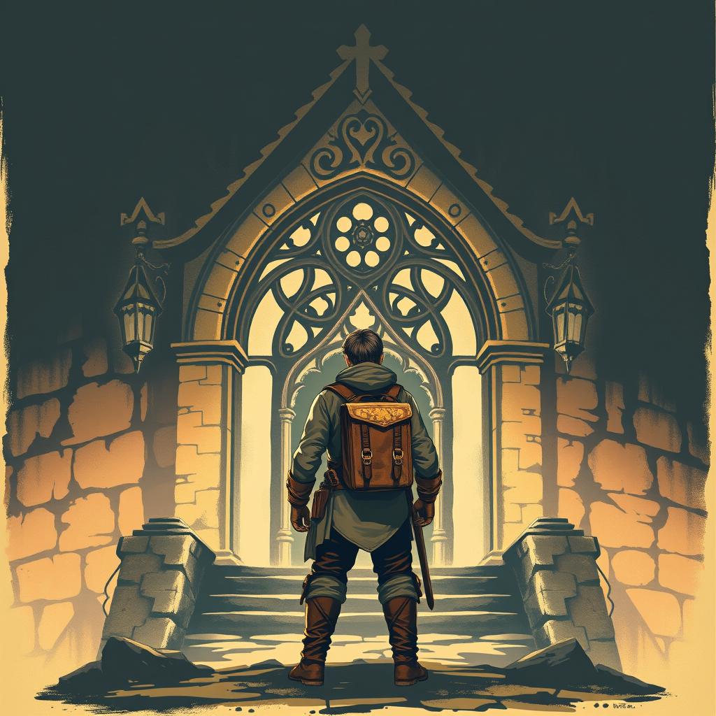 An old fantasy poster cover featuring an adventurer standing in front of the guild