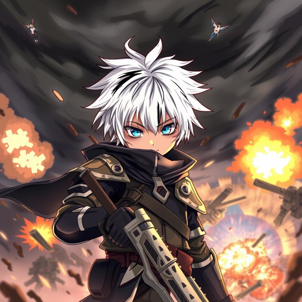 A dramatic scene featuring an anime boy with white hair and black streaks, and blue eyes, in the midst of a war