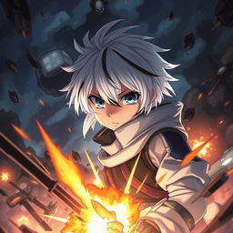 A dramatic scene featuring an anime boy with white hair and black streaks, and blue eyes, in the midst of a war