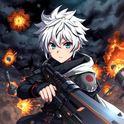 A dramatic scene featuring an anime boy with white hair and black streaks, and blue eyes, in the midst of a war