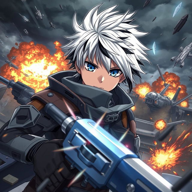 A dramatic scene featuring an anime boy with white hair and black streaks, and blue eyes, in the midst of a war