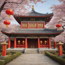 A majestic Chinese temple adorned with intricate gold carvings and vibrant red lanterns, tucked within a serene, blossoming cherry blossom garden.