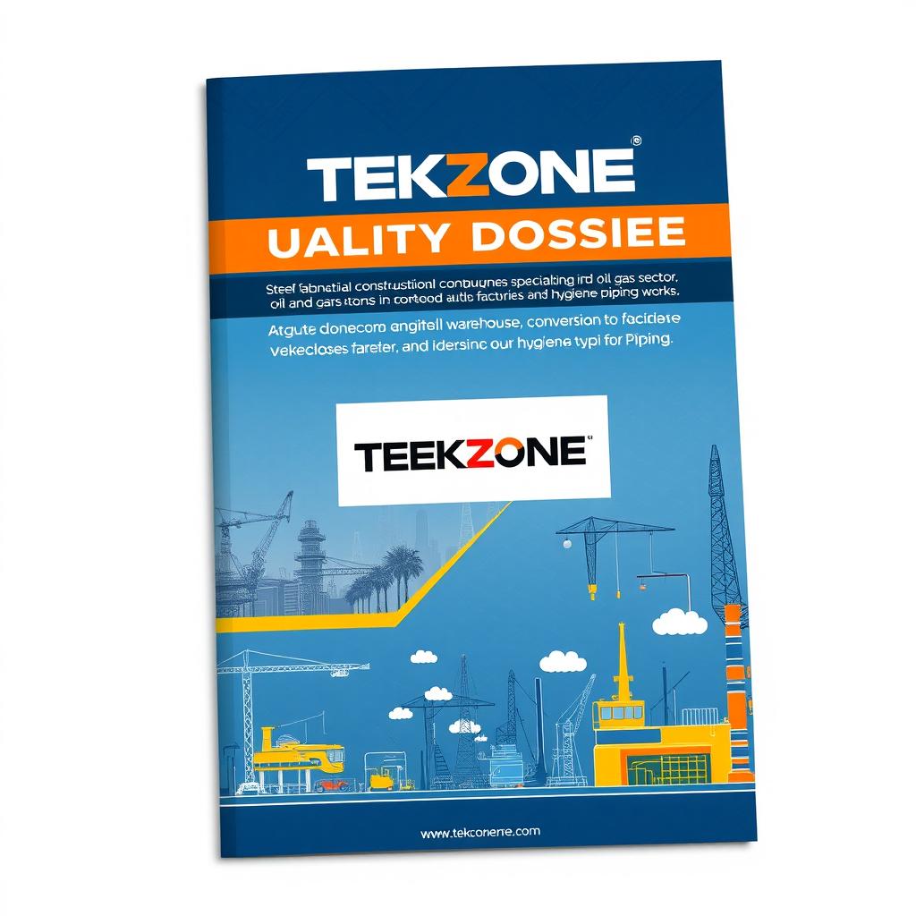 Create a cover page for a Quality Dossier for Tekzone Industrial Constructions, a steel fabrication company specializing in the oil and gas sector, warehouse conversions to factories, and hygiene piping works