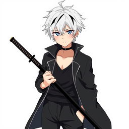 A detailed illustration of an anime boy with white hair and black streaks, wearing a black coat, black pants, and a black undershirt