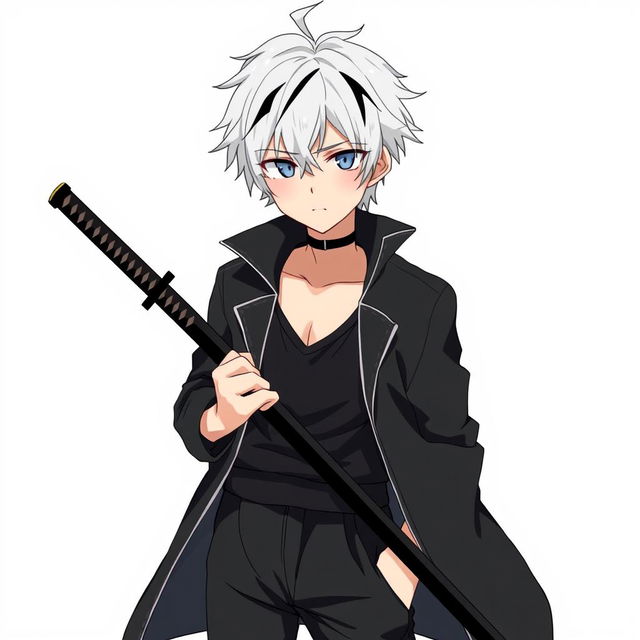 A detailed illustration of an anime boy with white hair and black streaks, wearing a black coat, black pants, and a black undershirt