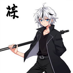 A detailed illustration of an anime boy with white hair and black streaks, wearing a black coat, black pants, and a black undershirt