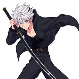 A detailed illustration of an anime boy with white hair and black streaks, wearing a black coat, black pants, and a black undershirt