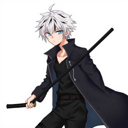 A detailed illustration of an anime boy with white hair and black streaks, wearing a black coat, black pants, and a black undershirt