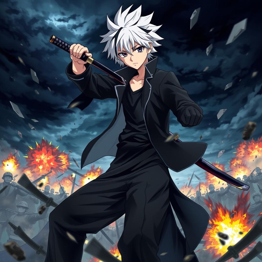 A dramatic scene featuring an anime boy with white hair and black streaks, wearing a black coat, black pants, and a black undershirt