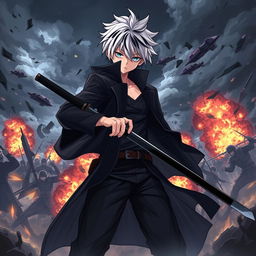 A dramatic scene featuring an anime boy with white hair and black streaks, wearing a black coat, black pants, and a black undershirt