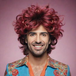 A humorous depiction of Spanish singer-songwriter Melendi, donning a whimsical wig