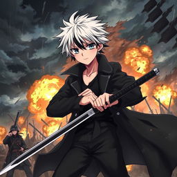 A dramatic scene featuring an anime boy with white hair and black streaks, wearing a black coat, black pants, and a black undershirt