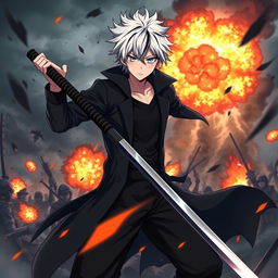 A dramatic scene featuring an anime boy with white hair and black streaks, wearing a black coat, black pants, and a black undershirt