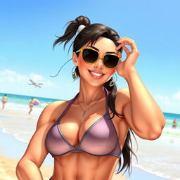 Chun Li from Street Fighter enjoying a sunny day at the beach