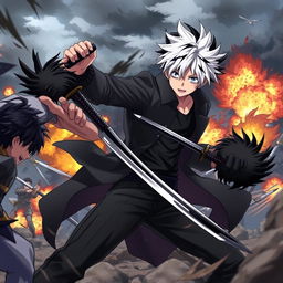 A dynamic scene featuring an anime boy with white hair and black streaks, wearing a black coat, black pants, and a black undershirt, holding a black katana