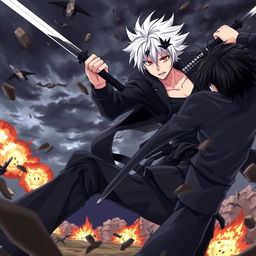 A dynamic scene featuring an anime boy with white hair and black streaks, wearing a black coat, black pants, and a black undershirt, holding a black katana