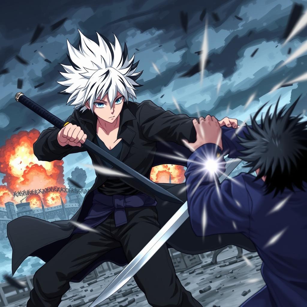 A dynamic scene featuring an anime boy with white hair and black streaks, wearing a black coat, black pants, and a black undershirt, holding a black katana