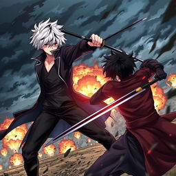 A dynamic scene featuring an anime boy with white hair and black streaks, wearing a black coat, black pants, and a black undershirt, holding a black katana