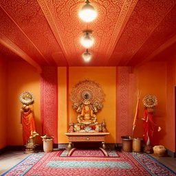 A tranquil Pooja room furnished with gleaming brass statues, carved teakwood furniture, sandalwood incense filling the air, warm glow from oil lamps illuminating ornate patterns on vibrant carpets, all under a floral ceiling.