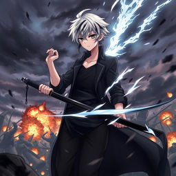 A dramatic scene featuring an anime boy with white hair and black streaks, wearing a black coat, black pants, and a black undershirt