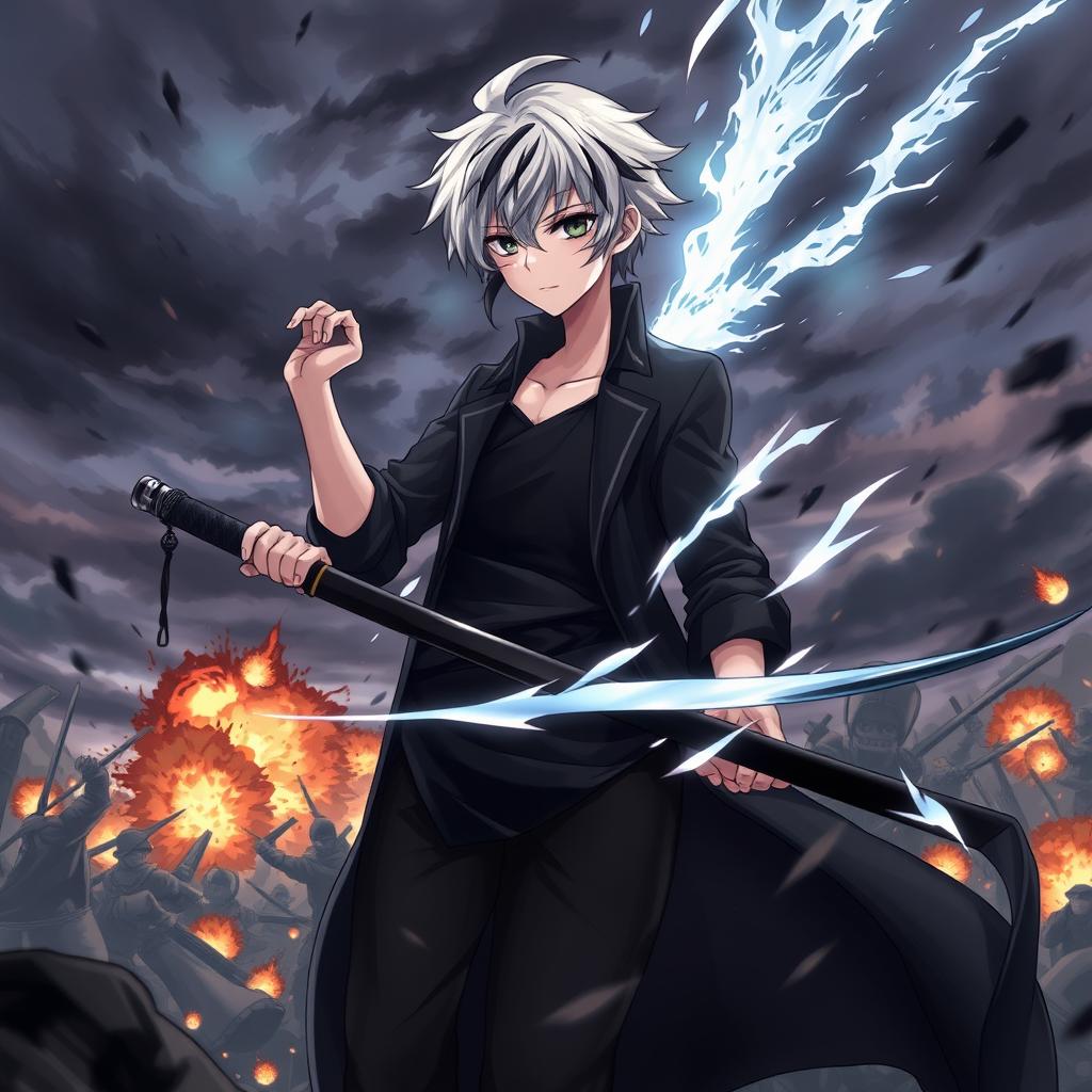 A dramatic scene featuring an anime boy with white hair and black streaks, wearing a black coat, black pants, and a black undershirt
