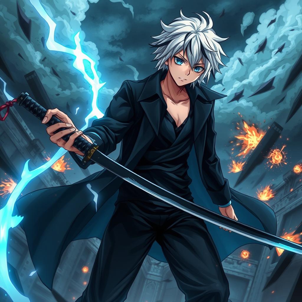 A dramatic scene featuring an anime boy with white hair and black streaks, wearing a black coat, black pants, and a black undershirt