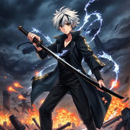 A dramatic scene featuring an anime boy with white hair and black streaks, wearing a black coat, black pants, and a black undershirt