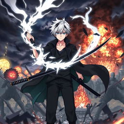 A dramatic scene featuring an anime boy with white hair and black streaks, wearing a black coat, black pants, and a black undershirt