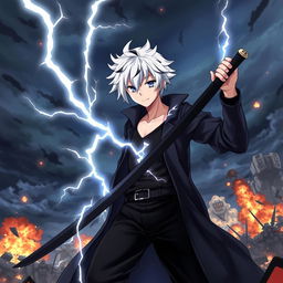 A dramatic scene featuring an anime boy with white hair and black streaks, wearing a black coat, black pants, and a black undershirt
