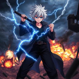 A dramatic scene featuring an anime boy with white hair and black streaks, wearing a black coat, black pants, and a black undershirt