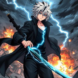 A dramatic scene featuring an anime boy with white hair and black streaks, wearing a black coat, black pants, and a black undershirt