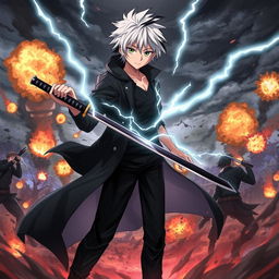 A dramatic scene featuring an anime boy with white hair and black streaks, wearing a black coat, black pants, and a black undershirt