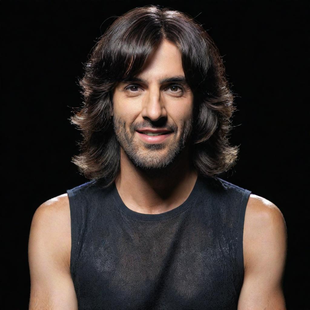 A realistic portrayal of Spanish singer-songwriter Melendi, humorously clad in a wig and dress, against a dark background