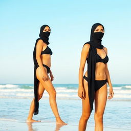 A full-body image of an Arabic woman wearing a black hijab and black facemask, dressed in a black bikini, standing at the beach