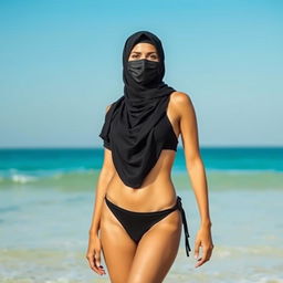 A full-body image of an Arabic woman wearing a black hijab and black facemask, dressed in a black bikini, standing at the beach