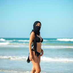 A full-body image of an Arabic woman wearing a black hijab and black facemask, dressed in a black bikini, standing at the beach