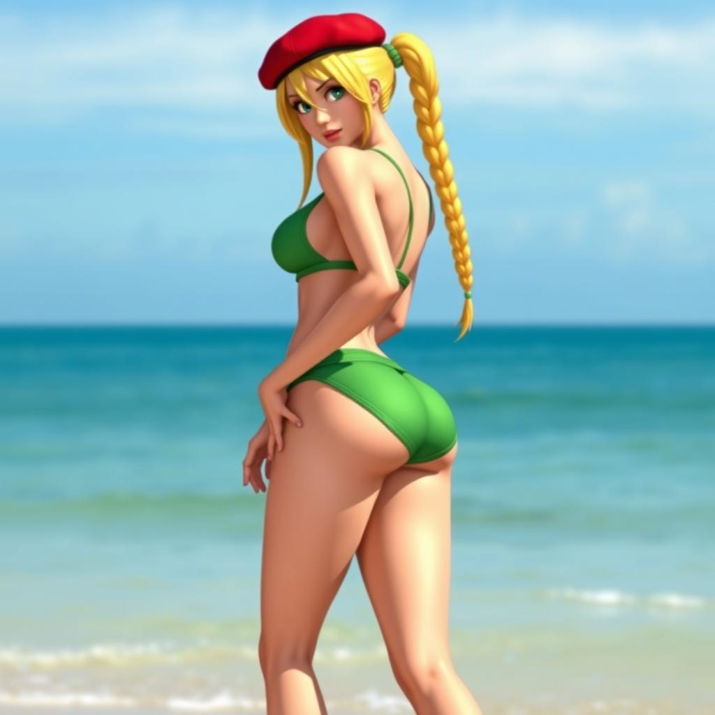 A full-body image of Cammy from Street Fighter wearing a green bikini, standing at the beach