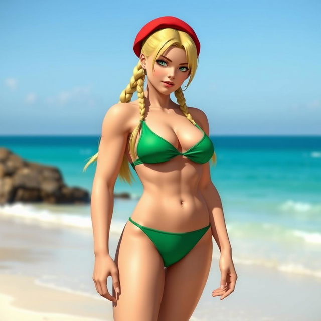 A full-body image of Cammy from Street Fighter wearing a green bikini, standing at the beach