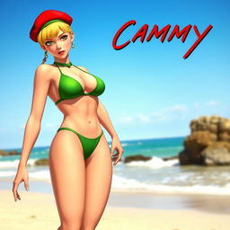 A full-body image of Cammy from Street Fighter wearing a green bikini, standing at the beach