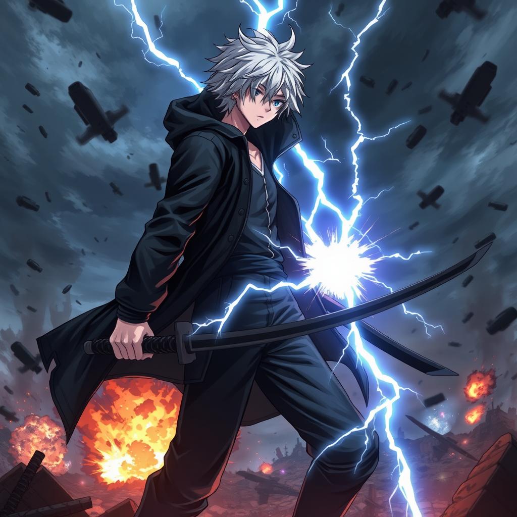 A powerful scene featuring an anime boy with white hair and black streaks, wearing a black hooded coat, black pants, and a black undershirt