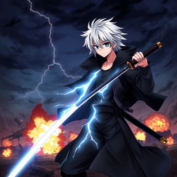 A powerful scene featuring an anime boy with white hair and black streaks, wearing a black hooded coat, black pants, and a black undershirt