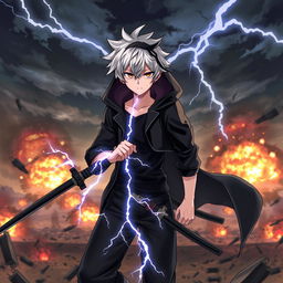 A powerful scene featuring an anime boy with white hair and black streaks, wearing a black hooded coat, black pants, and a black undershirt