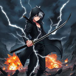 A powerful scene featuring an anime boy with white hair and black streaks, wearing a black hooded coat, black pants, and a black undershirt